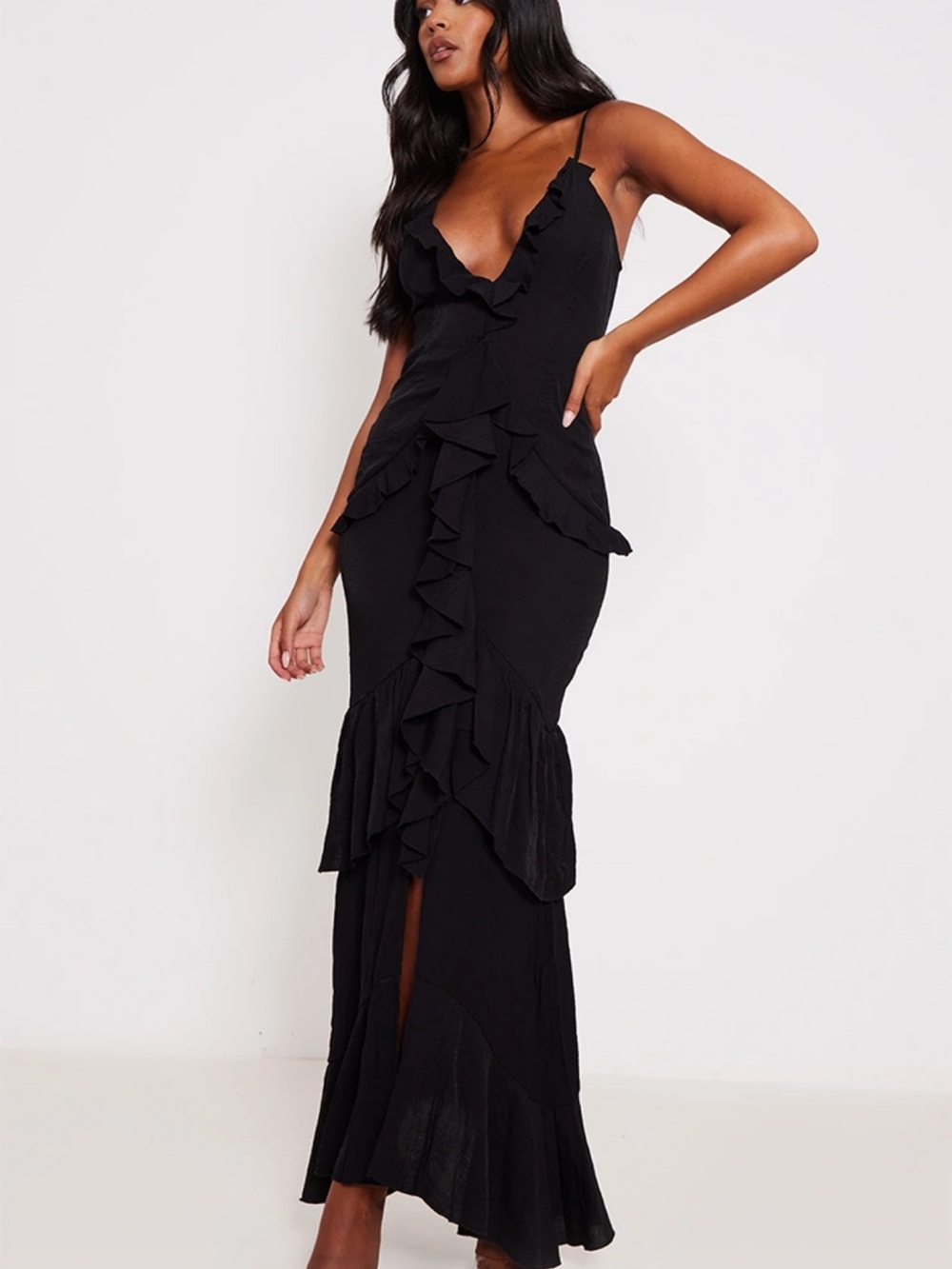PrettyLittleThing Black Ruffle Detail Maxi Dress